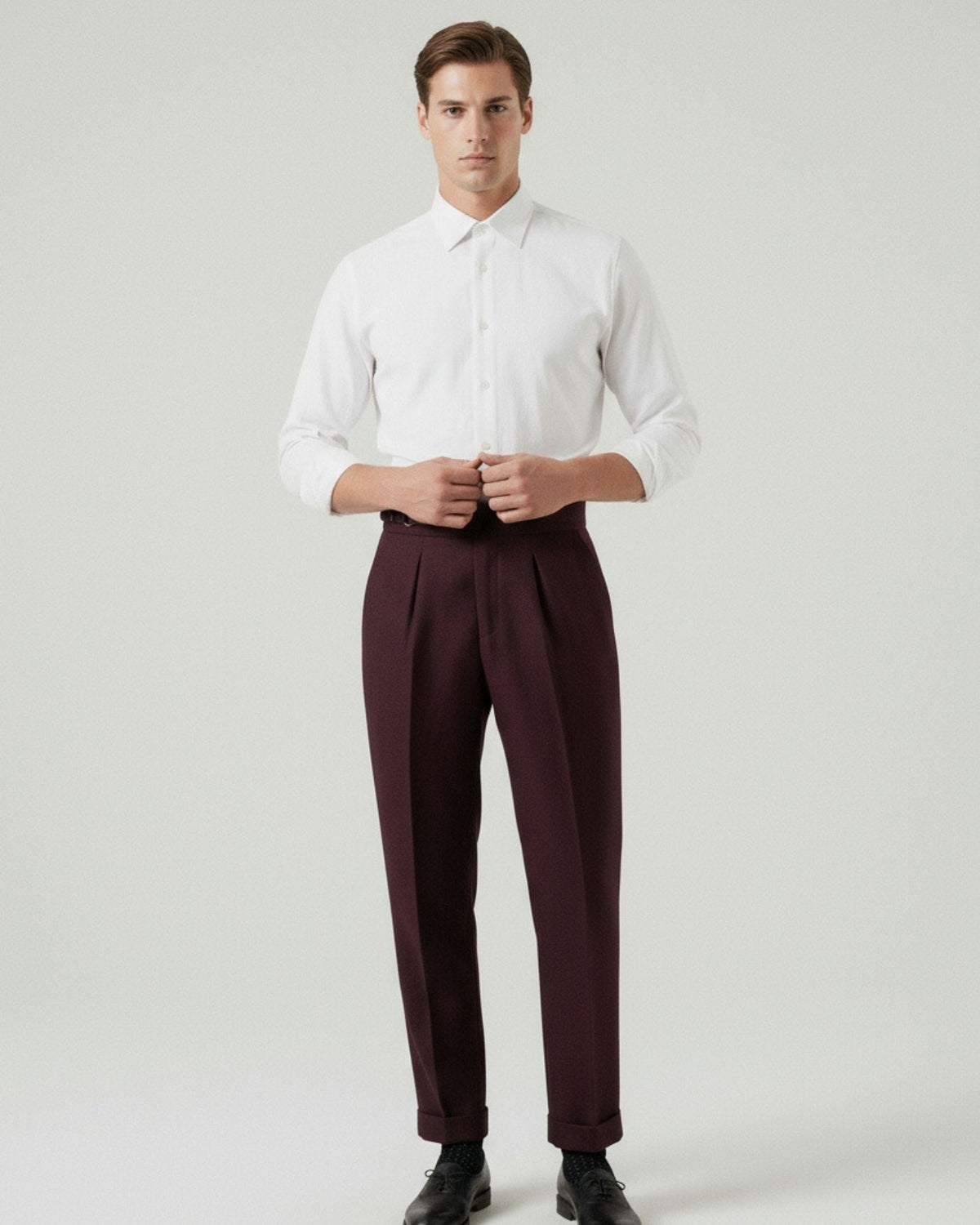 Men's burgundy red high-waisted non-iron business trousers with side buckle adjuster