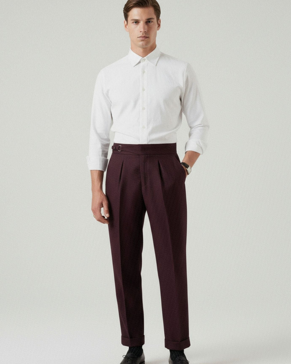 Men's burgundy red high-waisted non-iron business trousers with side buckle adjuster