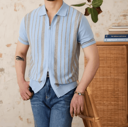 Men's light blue full-zip knitted cardigan featuring white striped trim on the collar and a short-sleeved polo design.