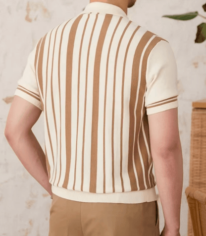Sophisticated brown 100% cotton full-zip polo cardigan for men with retro striped detailing and a relaxed fit.