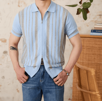 Men's light blue full-zip knitted cardigan featuring white striped trim on the collar and a short-sleeved polo design.