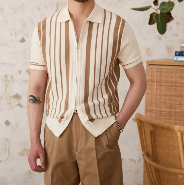 Sophisticated brown 100% cotton full-zip polo cardigan for men with retro striped detailing and a relaxed fit.
