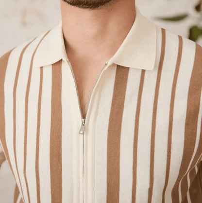 Close-up of the LORMIER metal zipper hardware and striped cuff on the breathable cotton knit cardigan.