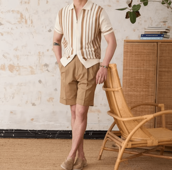 Sophisticated brown 100% cotton full-zip polo cardigan for men with retro striped detailing and a relaxed fit.