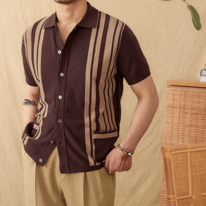 Classic brown cotton knitted cardigan polo for men with a chest pocket and retro striped detailing.