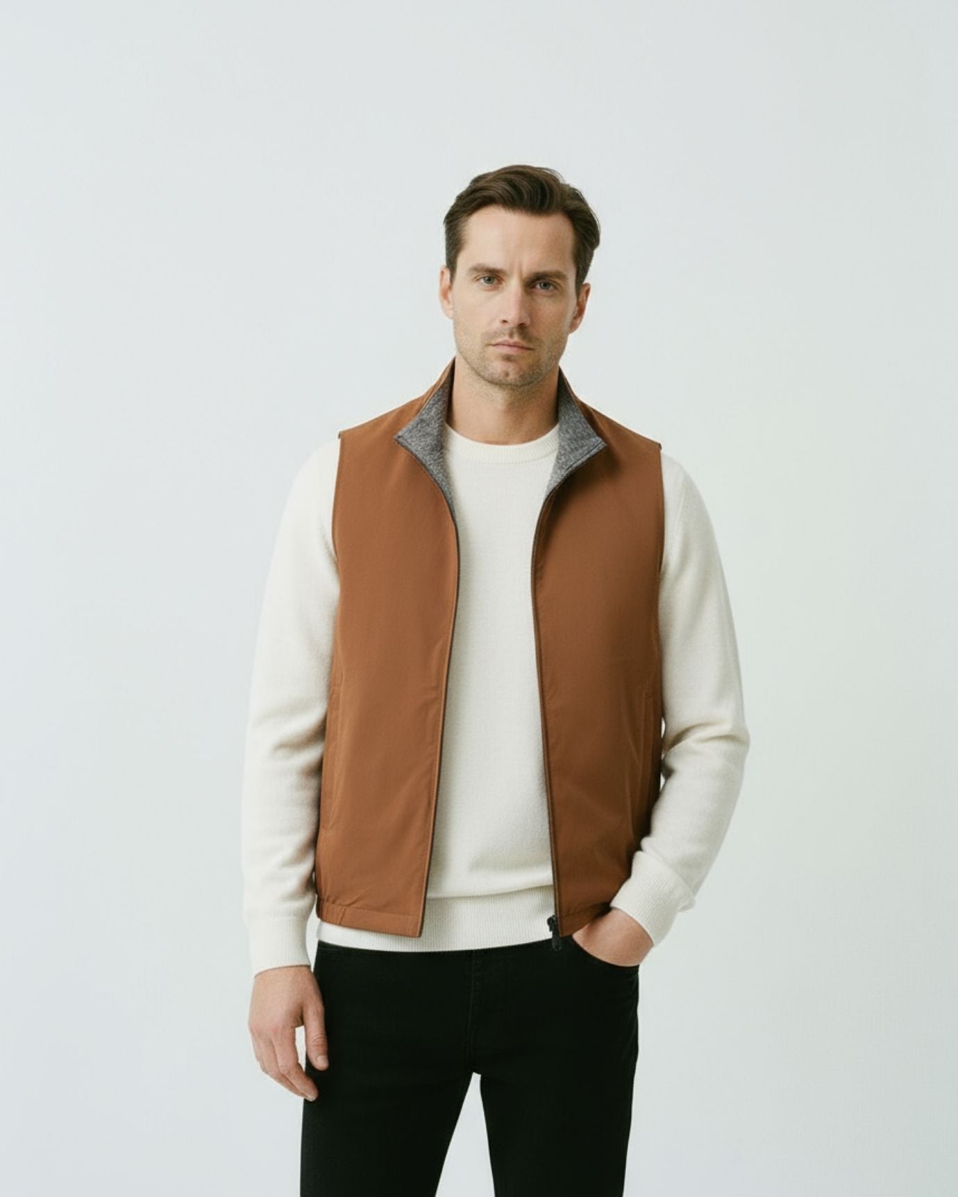 Men's reversible dual-face vest in earth-tone brown with a contrasting heathered gray interior and metal hardware.