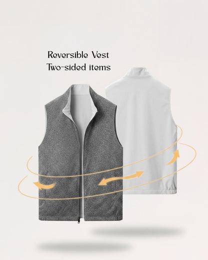 Men's minimalist reversible vest in gray-white, featuring a technical outer face and a soft-textured inner lining.