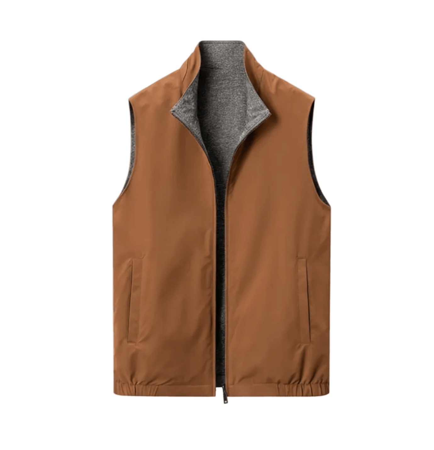 Men's reversible dual-face vest in earth-tone brown with a contrasting heathered gray interior and metal hardware.