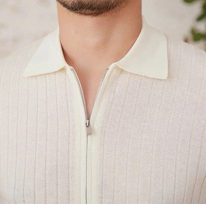 Men's crisp white ribbed half-zip polo crafted from a breathable linen blend with a modern metallic zipper detail.