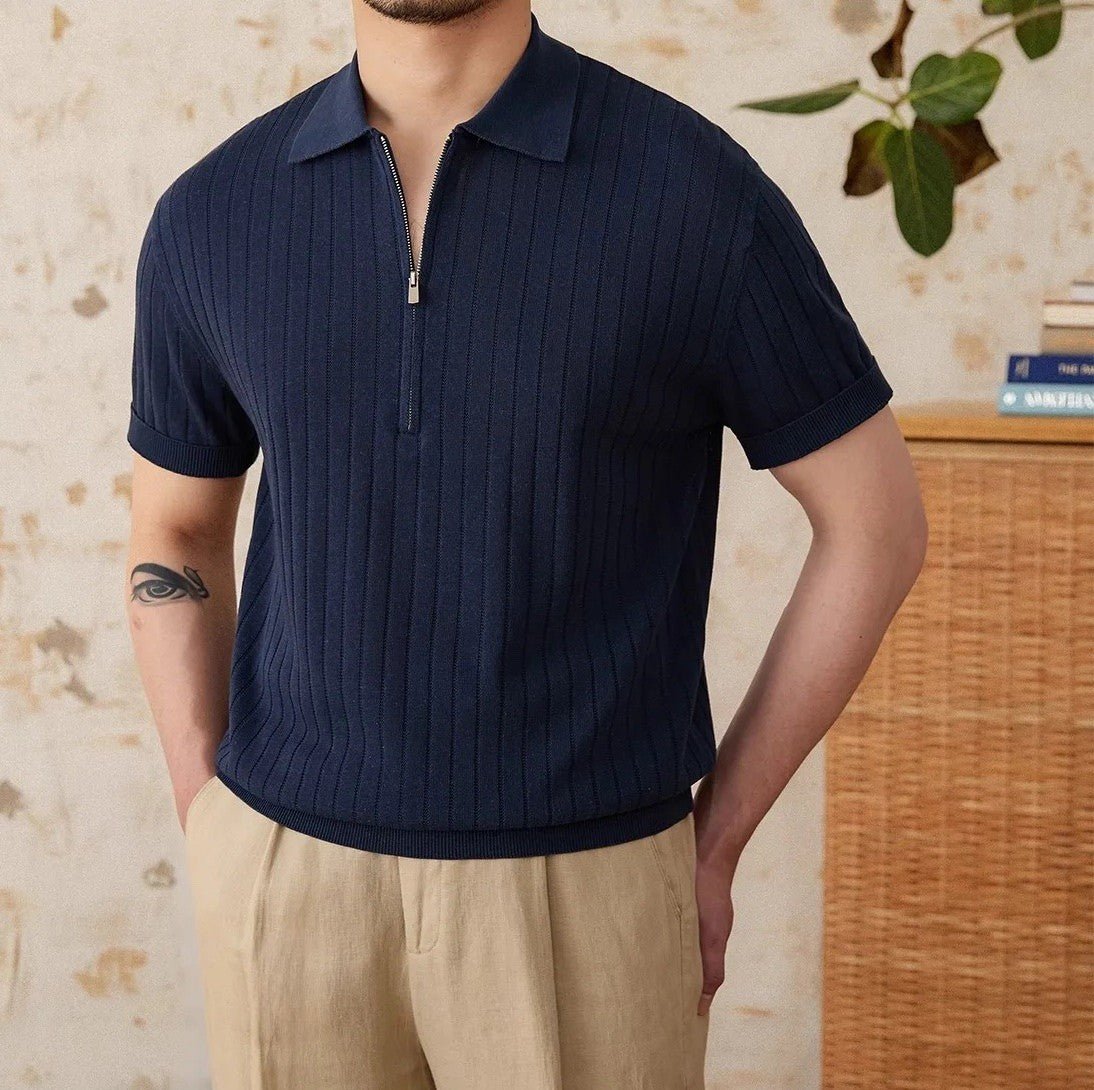 Men's navy blue ribbed half-zip polo crafted from a premium linen-blend with a modern metallic zipper.