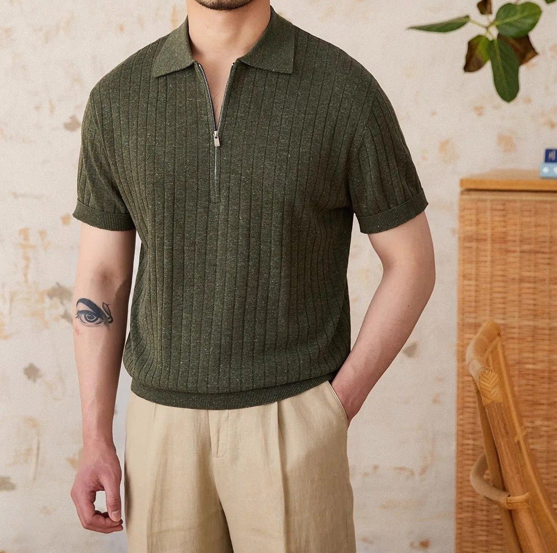 Men's khaki linen-blend half-zip polo featuring a sophisticated vertical ribbed texture and a tailored athletic fit.