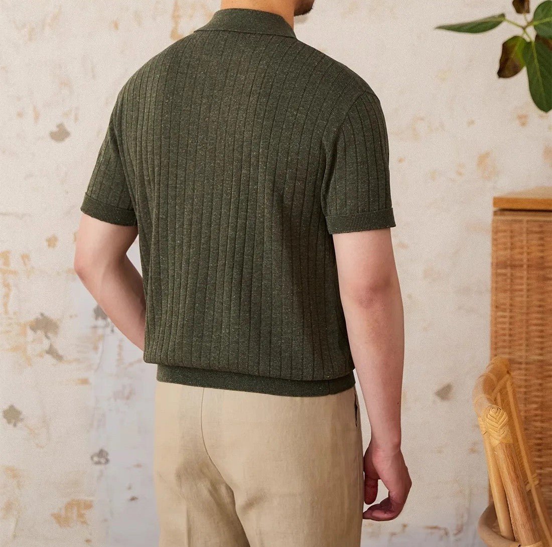 Men's khaki linen-blend half-zip polo featuring a sophisticated vertical ribbed texture and a tailored athletic fit.
