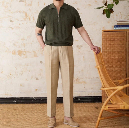 Men's khaki linen-blend half-zip polo featuring a sophisticated vertical ribbed texture and a tailored athletic fit.