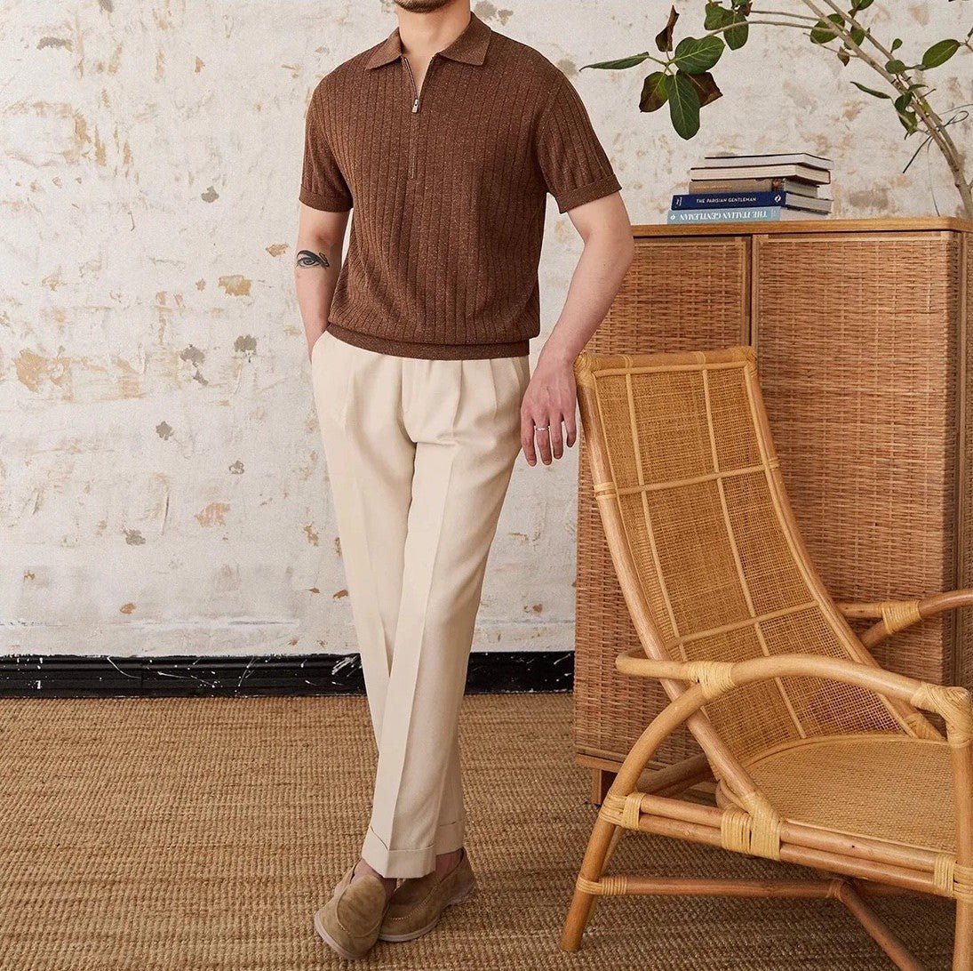 Premium Men's chocolate brown half-zip polo featuring sophisticated vertical ribbing and a tailored athletic fit.