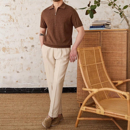 Premium Men's chocolate brown half-zip polo featuring sophisticated vertical ribbing and a tailored athletic fit.