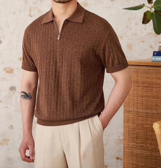 Premium Men's chocolate brown half-zip polo featuring sophisticated vertical ribbing and a tailored athletic fit.
