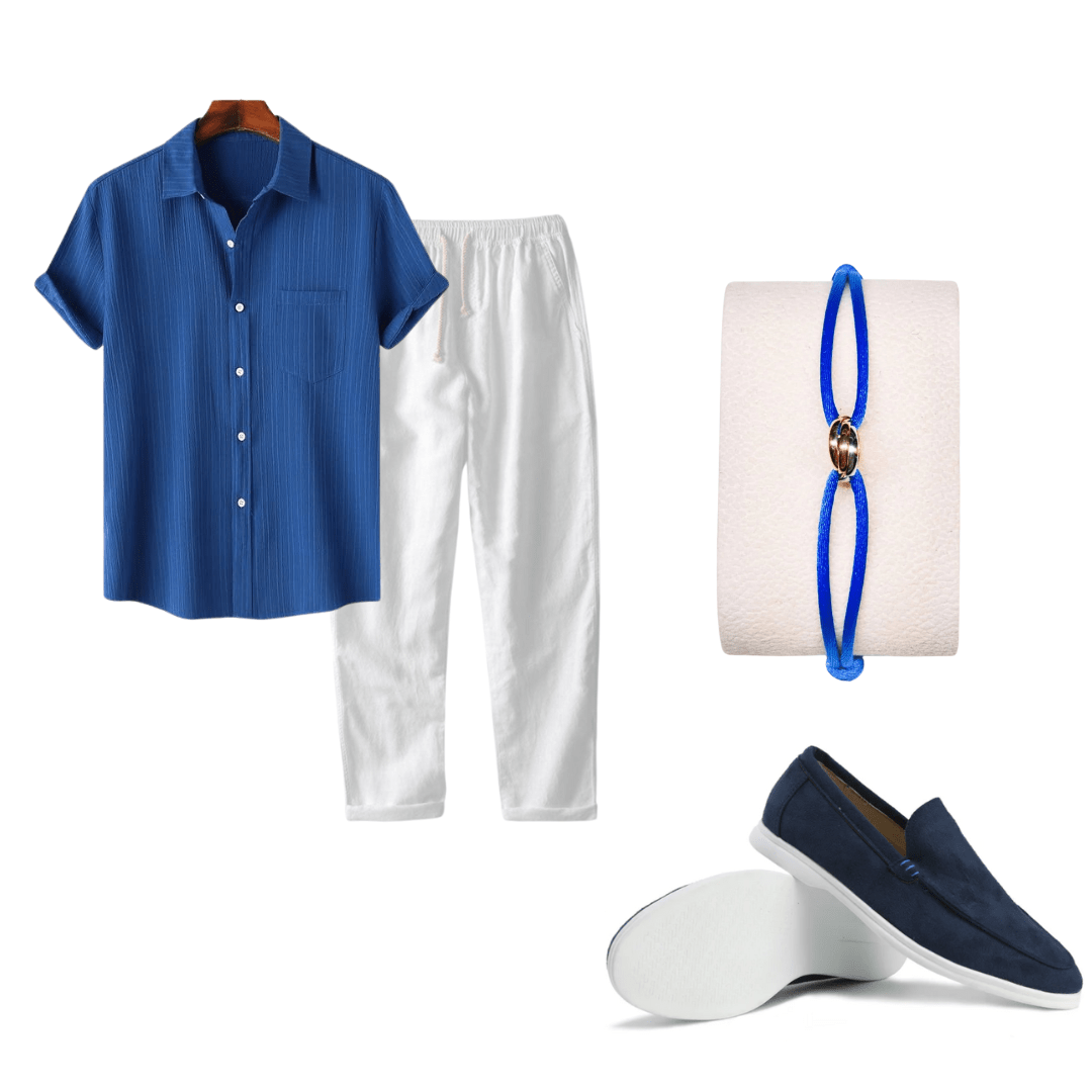 Collage of clothing and accessories including a blue shirt, white pants, a bracelet, and loafers on a white background.