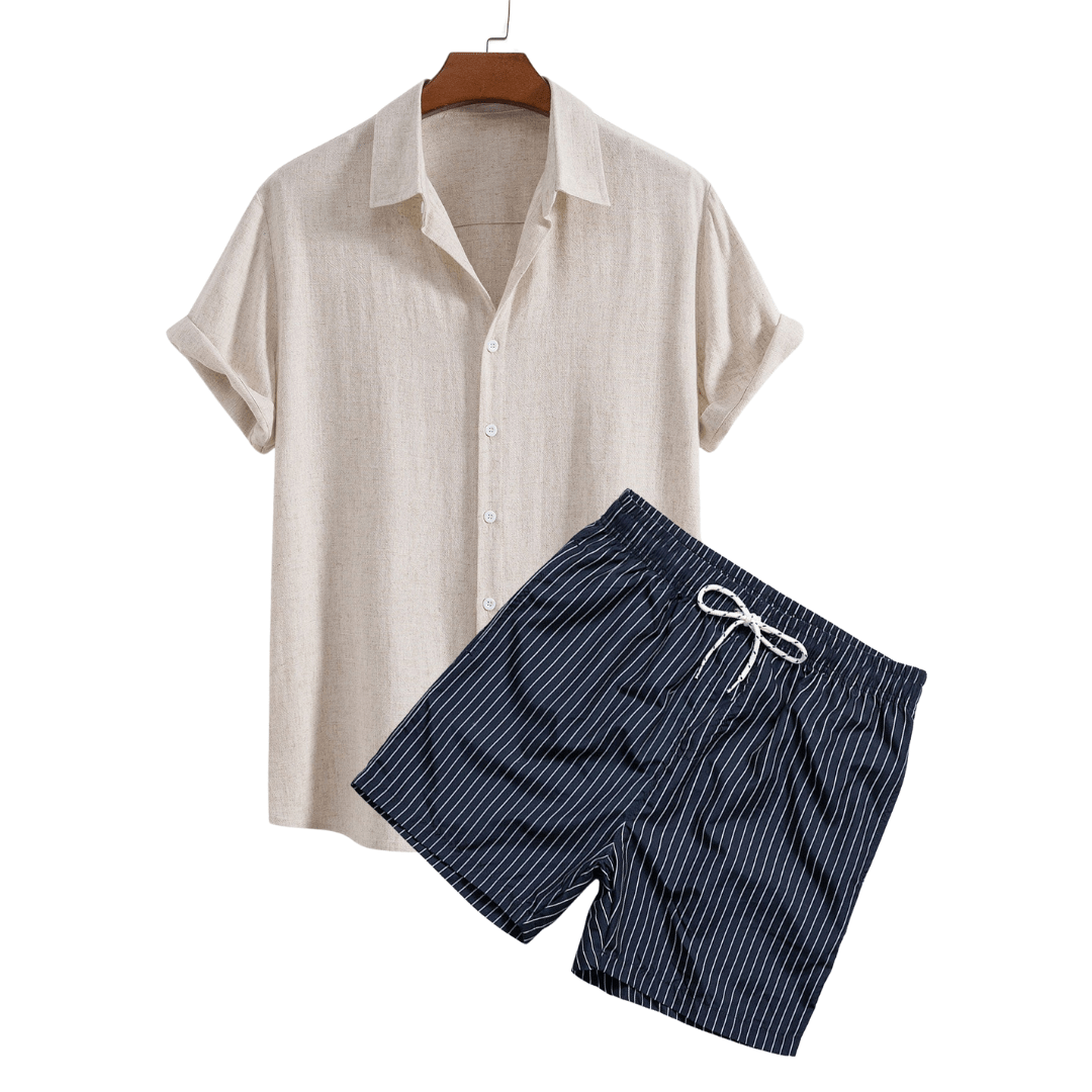 Beige shirt and navy striped shorts set on a white background