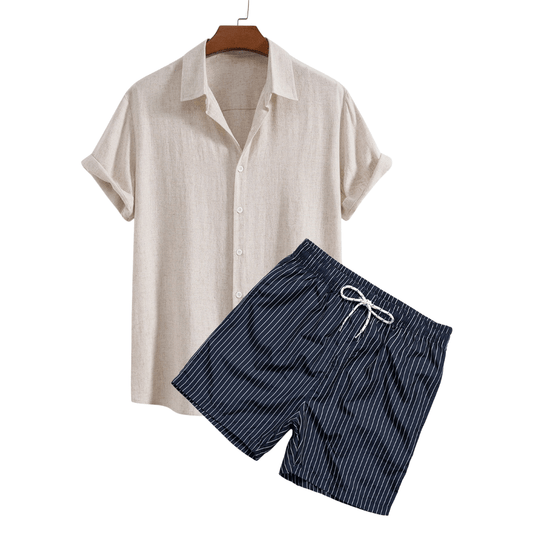 Beige shirt and navy striped shorts set on a white background
