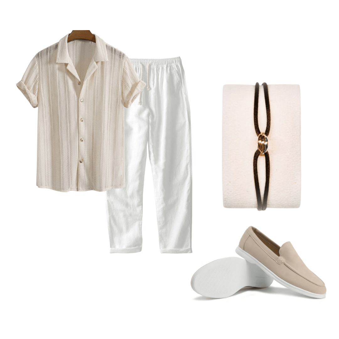 Ivory shirt and pants set with loafer shoes and bracelet on a white background