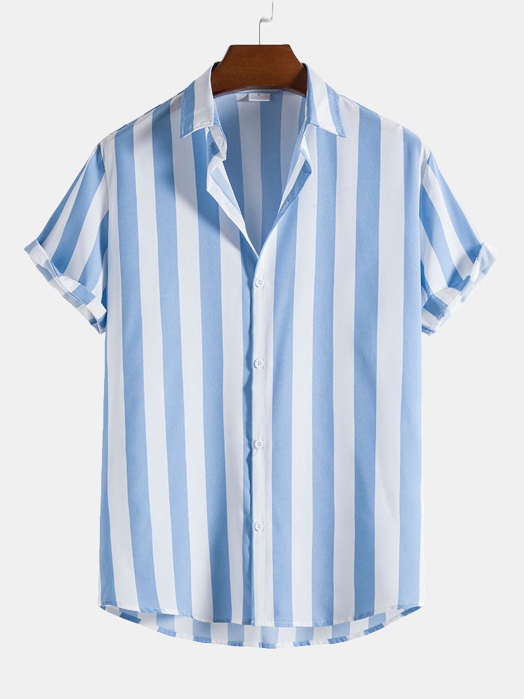 Blue and white striped shirt on a hanger against a light gray background