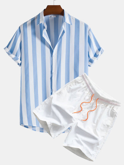 Blue and white striped shirt and white shorts with orange drawstring on a white background