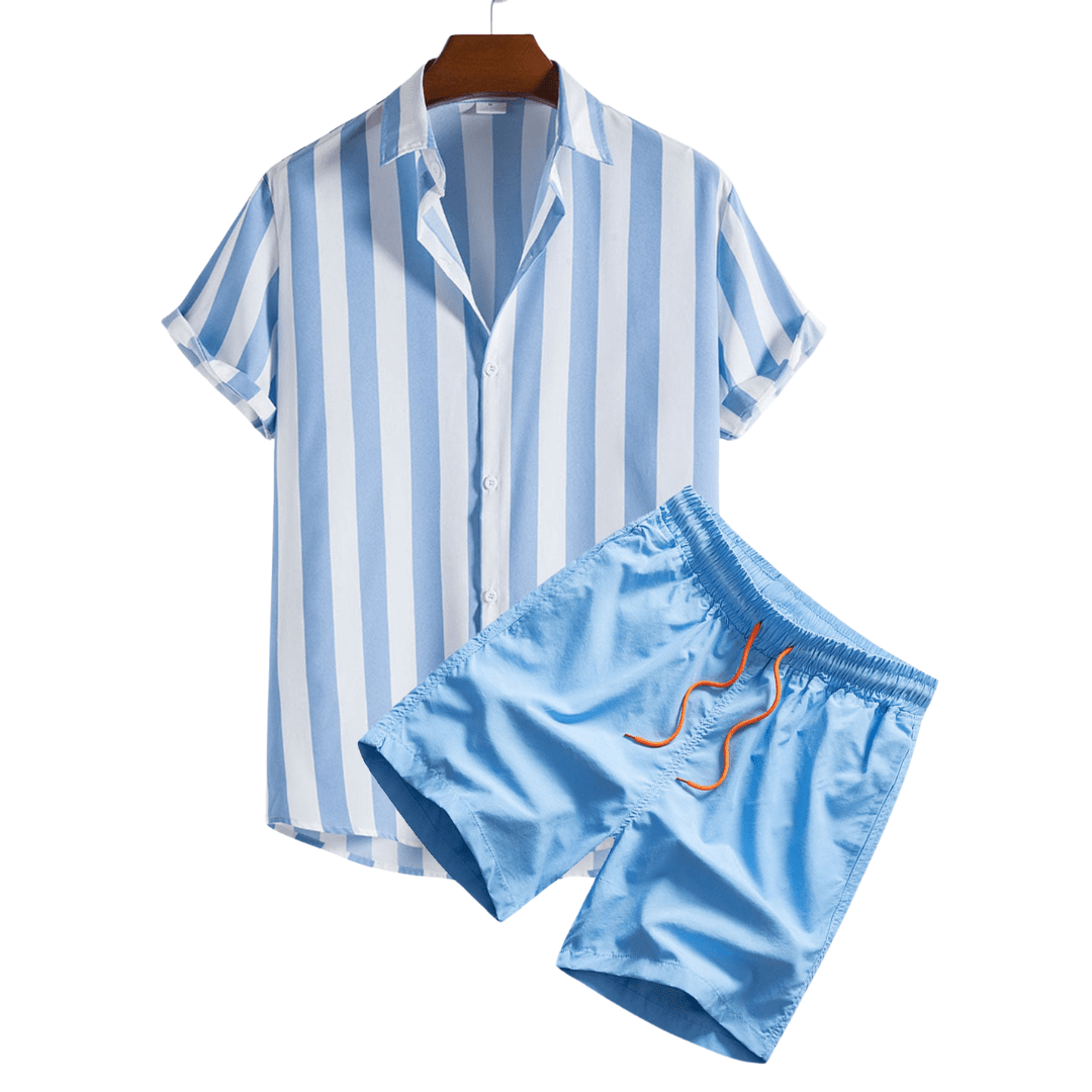 Blue and white striped shirt and shorts set on a hanger against a white background
