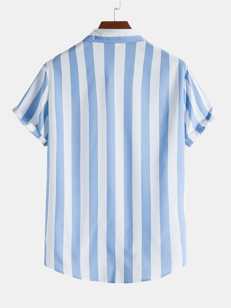 Blue and white striped shirt on a hanger against a white background