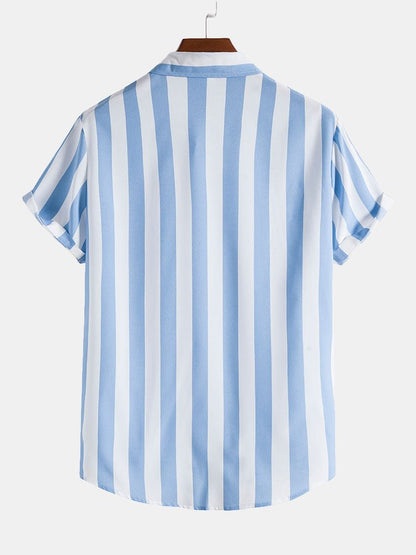 Blue and white striped shirt on a hanger against a white background