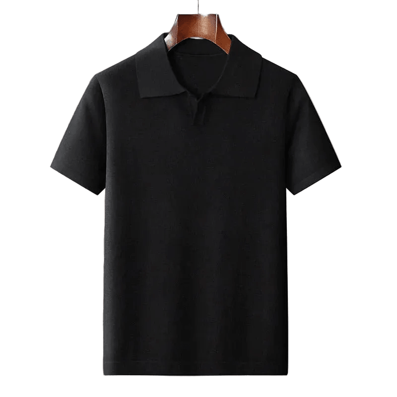 Premium black slim-fit cotton polo with a buttonless V-neck design, showcasing a smooth, high-end knit texture.