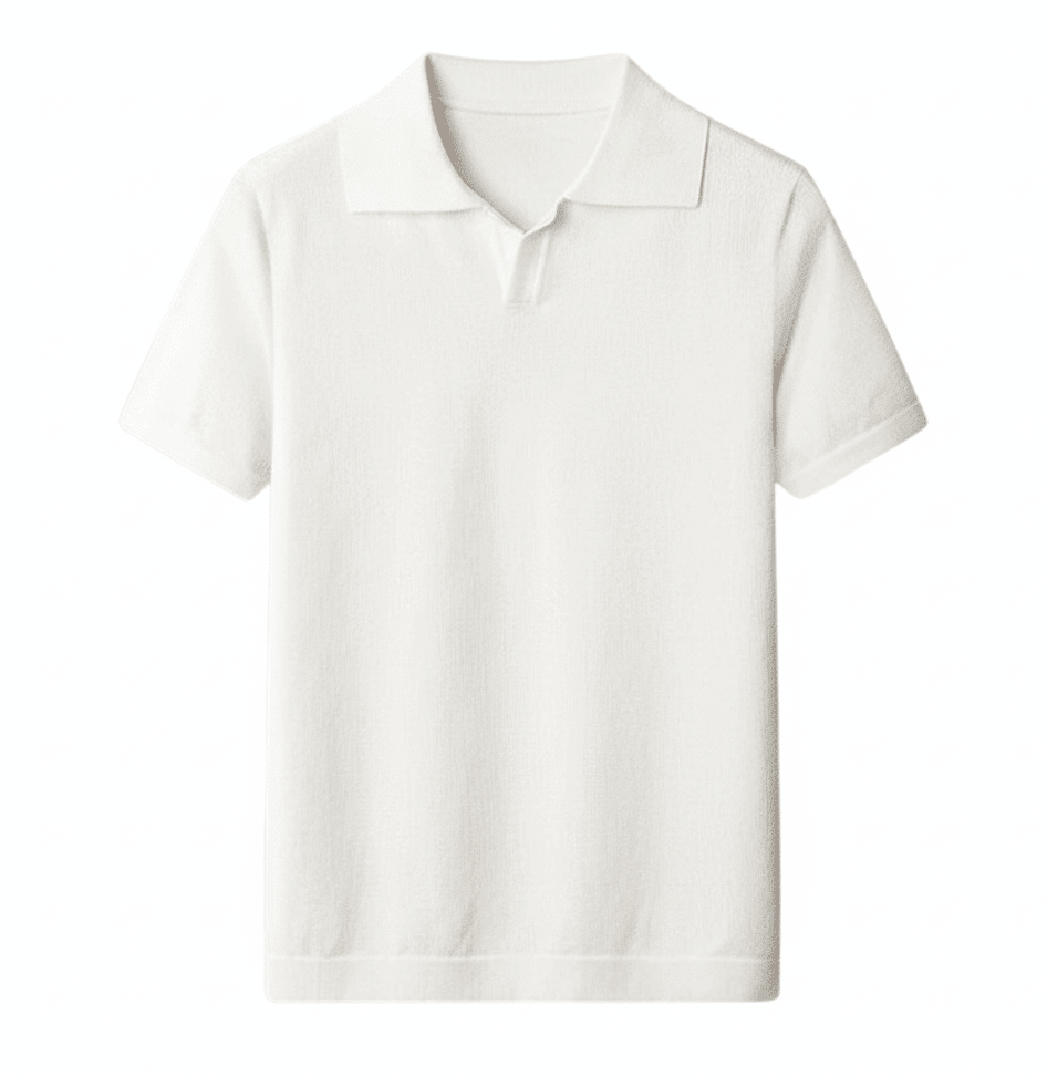 A clean, minimalist white cotton polo featuring a seamless V-neckline and tailored short sleeves.