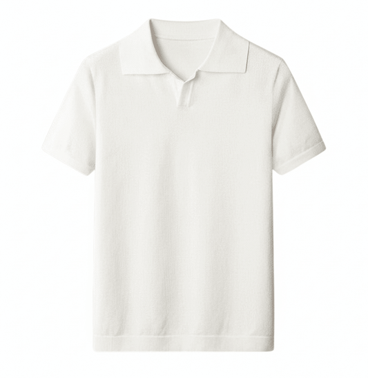 A clean, minimalist white cotton polo featuring a seamless V-neckline and tailored short sleeves.