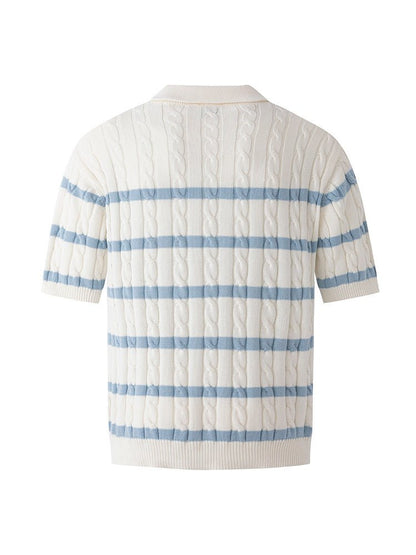 Cream-colored silk and linen cable knit polo shirt with light blue horizontal stripes and a V-neck open collar.