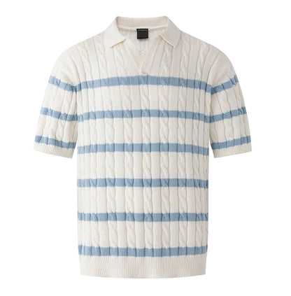 Cream-colored silk and linen cable knit polo shirt with light blue horizontal stripes and a V-neck open collar.