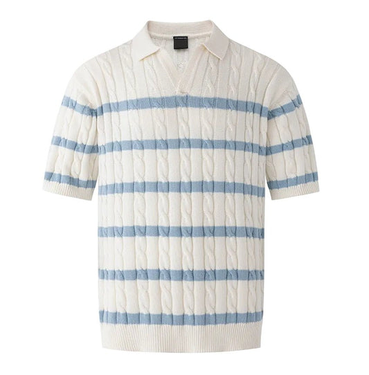 Cream-colored silk and linen cable knit polo shirt with light blue horizontal stripes and a V-neck open collar.