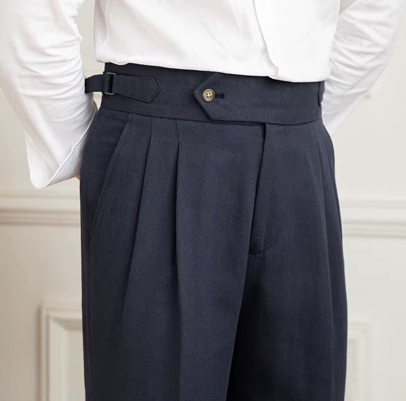 Sophisticated navy blue linen blend pants for men, showcasing a crisp straight-leg cut and comfortable, cool natural fibers.