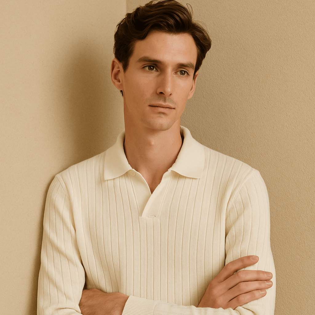 Man wearing a cream ribbed sweater against a beige wall