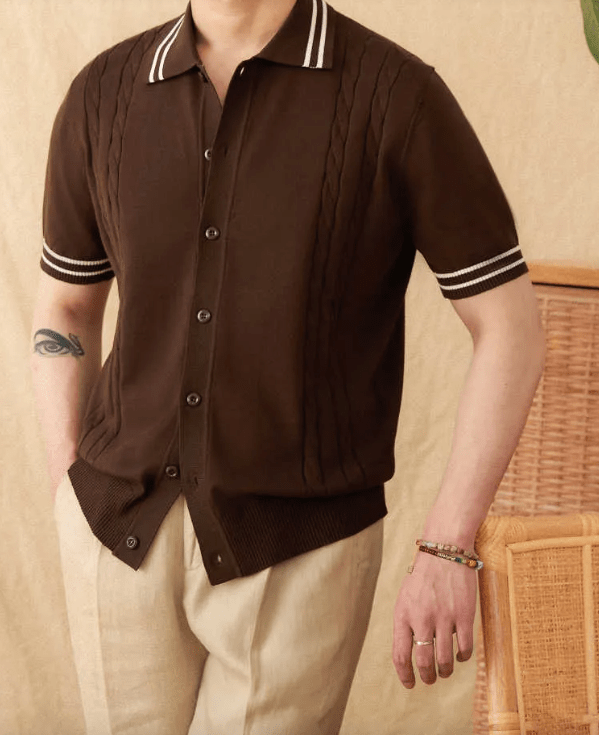 Sophisticated brown knitted button-down polo showcasing a vintage-inspired striped collar and relaxed fit.
