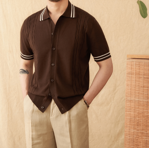 Sophisticated brown knitted button-down polo showcasing a vintage-inspired striped collar and relaxed fit.
