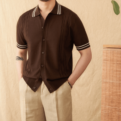 Sophisticated brown knitted button-down polo showcasing a vintage-inspired striped collar and relaxed fit.
