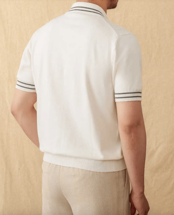 Classic white full-button cardigan-style polo for men with retro striped tipping and 100% cotton knit.
