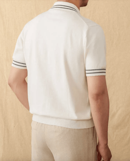Classic white full-button cardigan-style polo for men with retro striped tipping and 100% cotton knit.