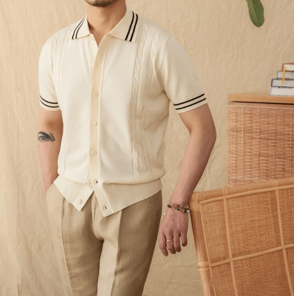 Men's beige button-through knitted polo featuring contrast striped trim on the collar and sleeves.