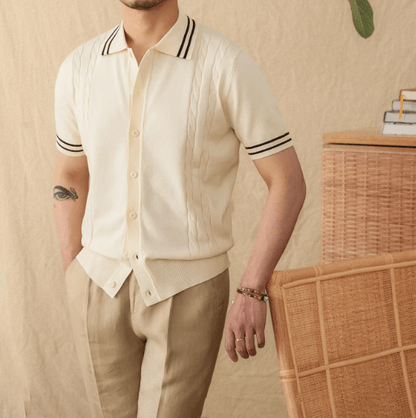 Men's beige button-through knitted polo featuring contrast striped trim on the collar and sleeves.