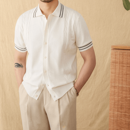 Classic white full-button cardigan-style polo for men with retro striped tipping and 100% cotton knit.