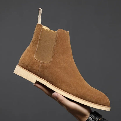 Classic tan nubuck Chelsea boots for men, showcasing a sleek high-top design and comfortable elastic side panels.