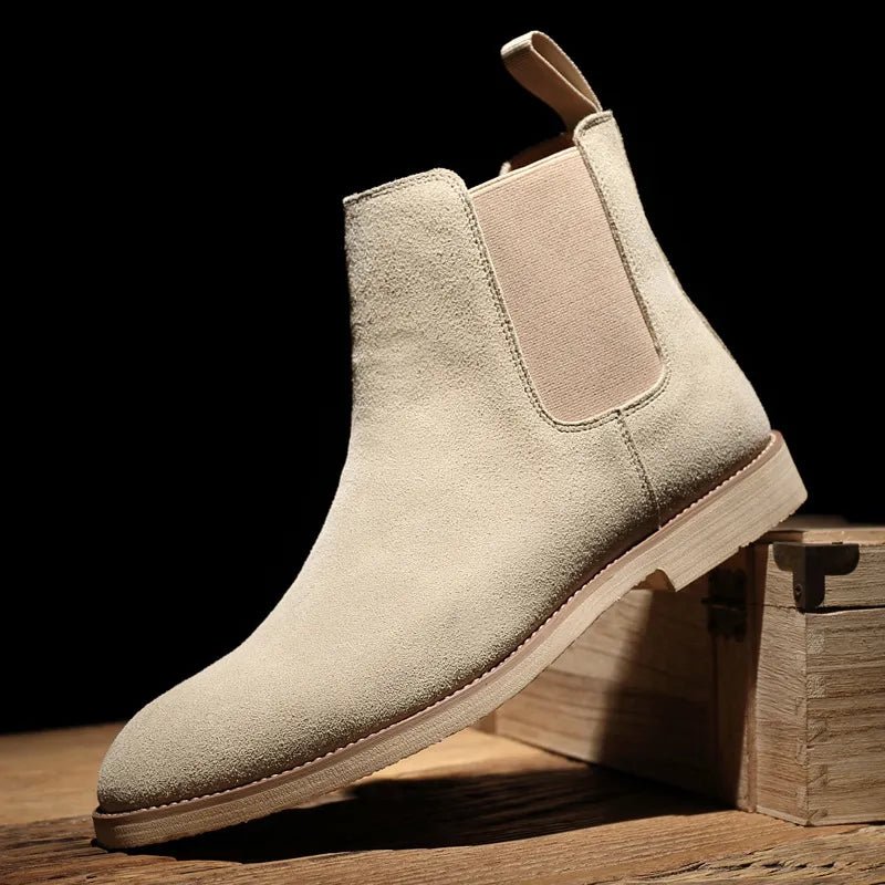 Men's beige suede Chelsea boots featuring a pointed toe and premium nubuck leather finish for a luxury Italian look.
