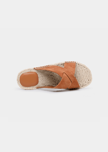 Vibrant orange suede open-toe sandals featuring a lightweight construction and braided jute trim.