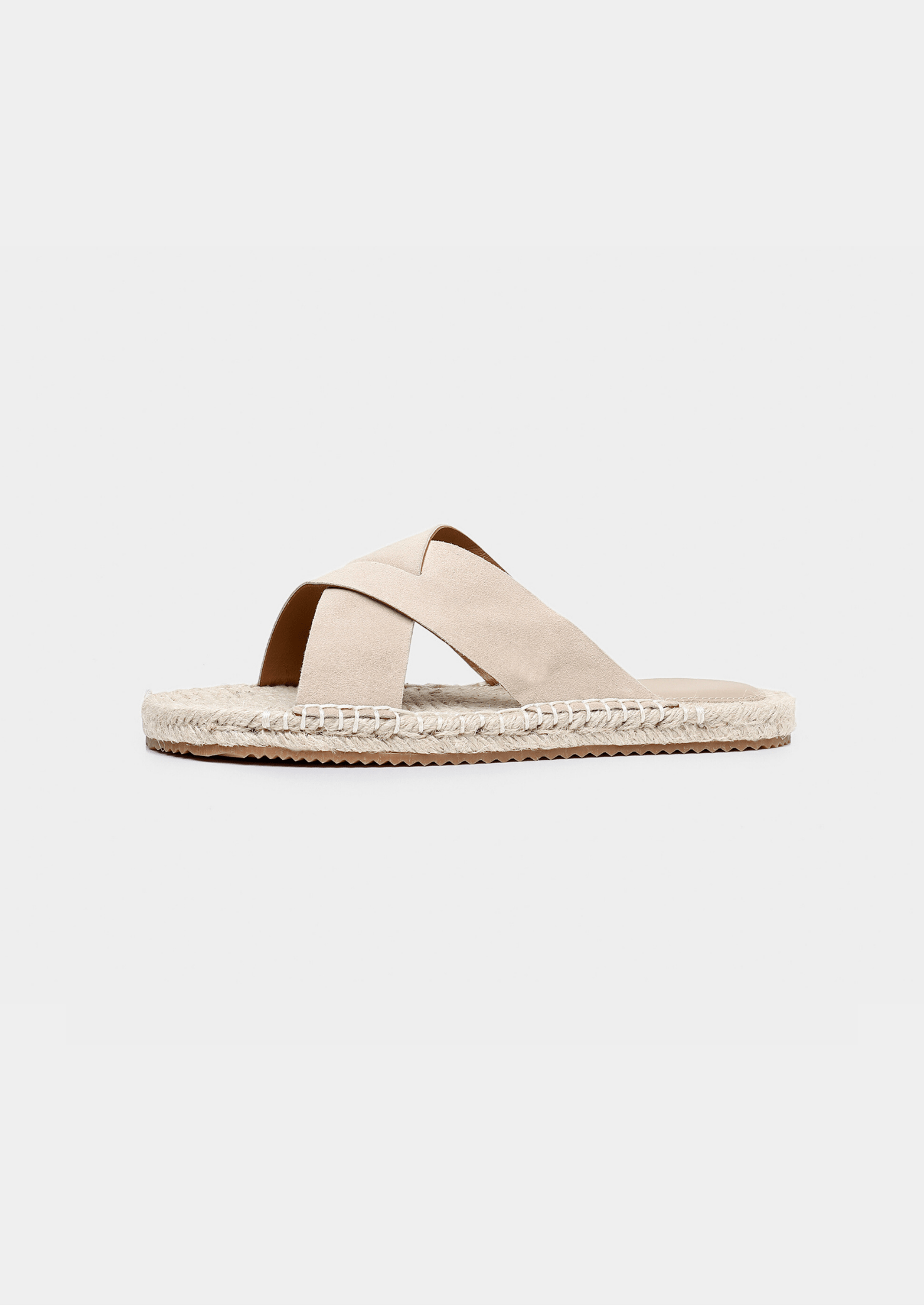 Men's beige sheep suede sandals featuring a braided jute trim and a modern open-toe silhouette.