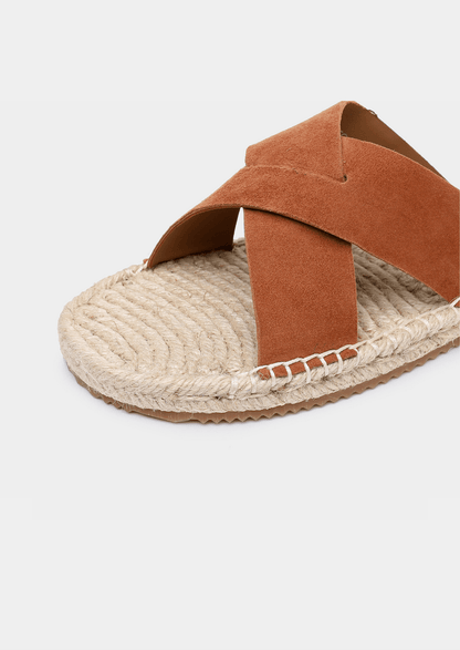 Vibrant orange suede open-toe sandals featuring a lightweight construction and braided jute trim.